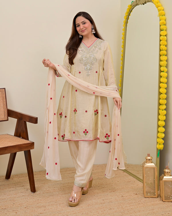 Ivory Shimmer Tissue Handwork A Line Festive Suit