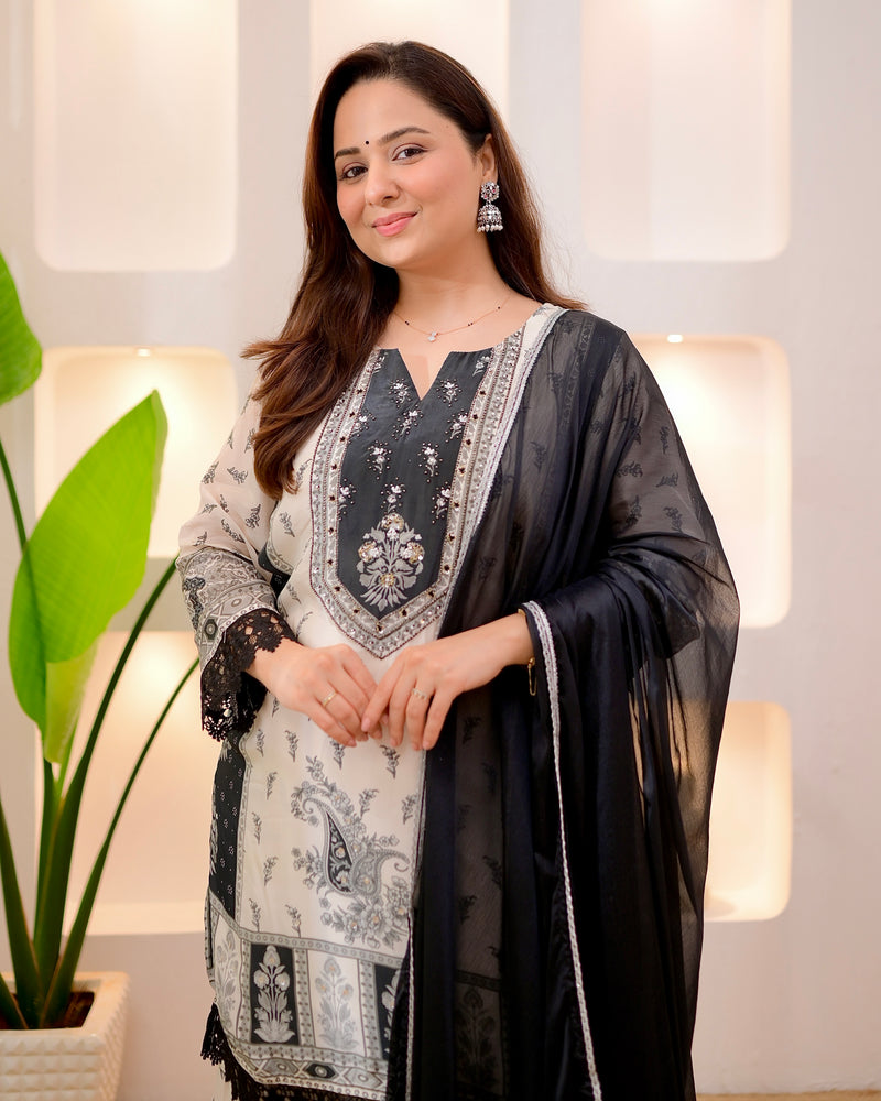 Monochrome Muse Handwork Crepe Sharara Set