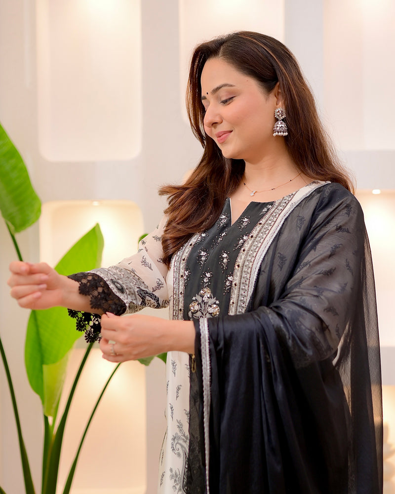 Monochrome Muse Handwork Crepe Sharara Set
