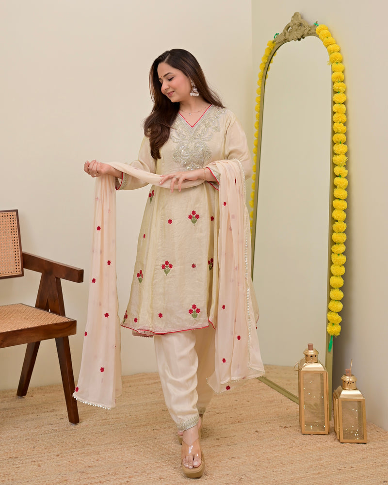Ivory Shimmer Tissue Handwork A Line Festive Suit