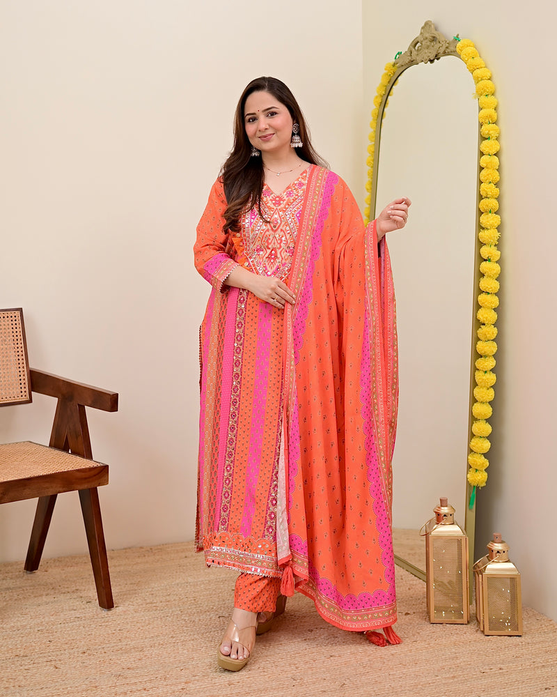 Orange Pink Handwork Muslin Festive Suit