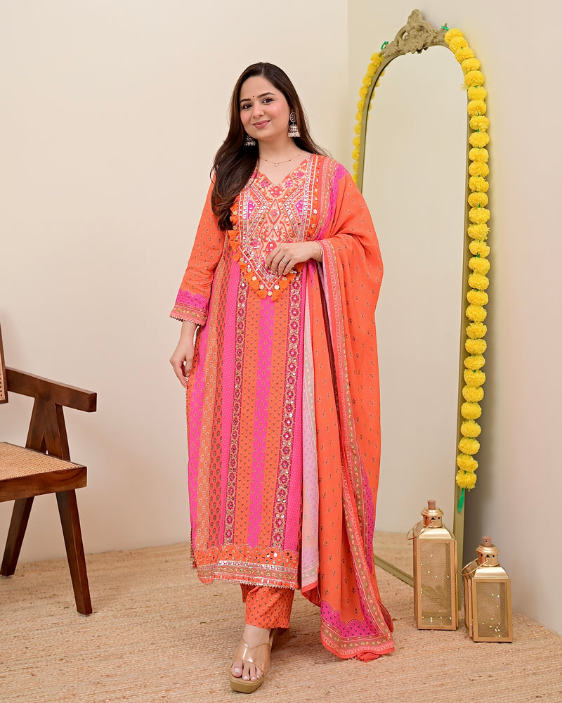 Orange Pink Handwork Muslin Festive Suit