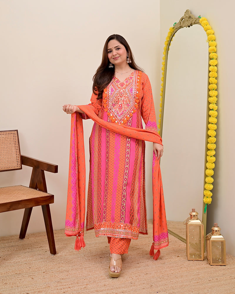 Orange Pink Handwork Muslin Festive Suit