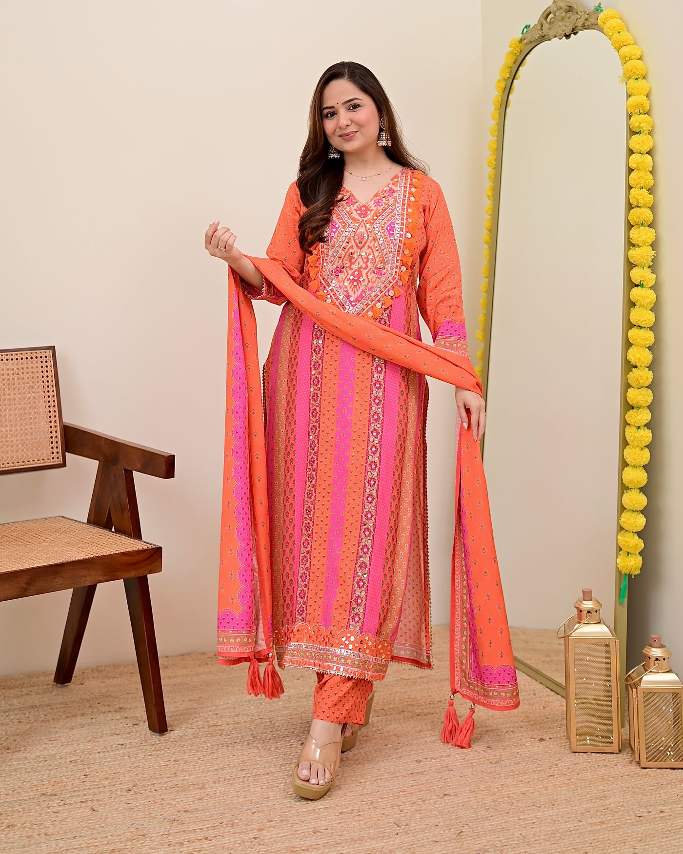 Orange Pink Handwork Muslin Festive Suit