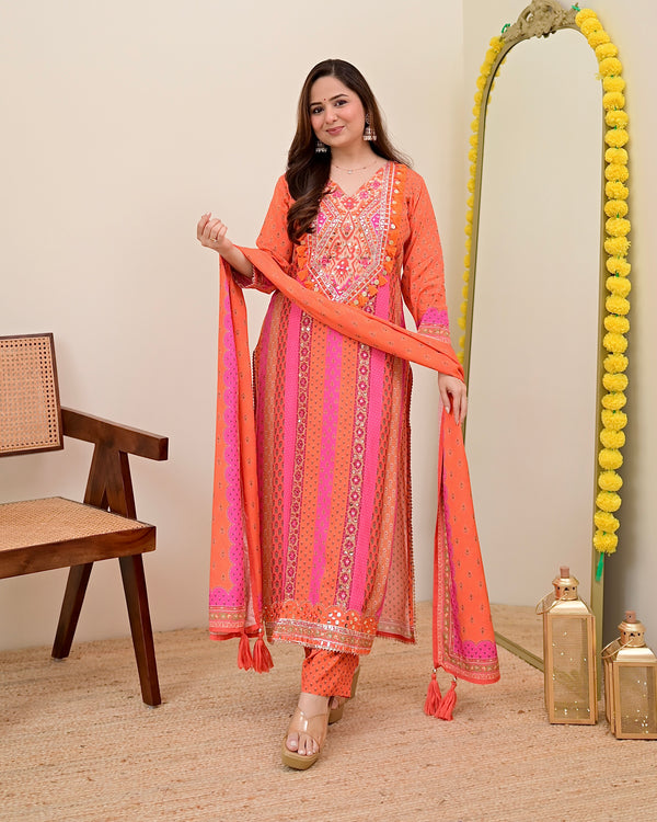 Orange Pink Handwork Muslin Festive Suit