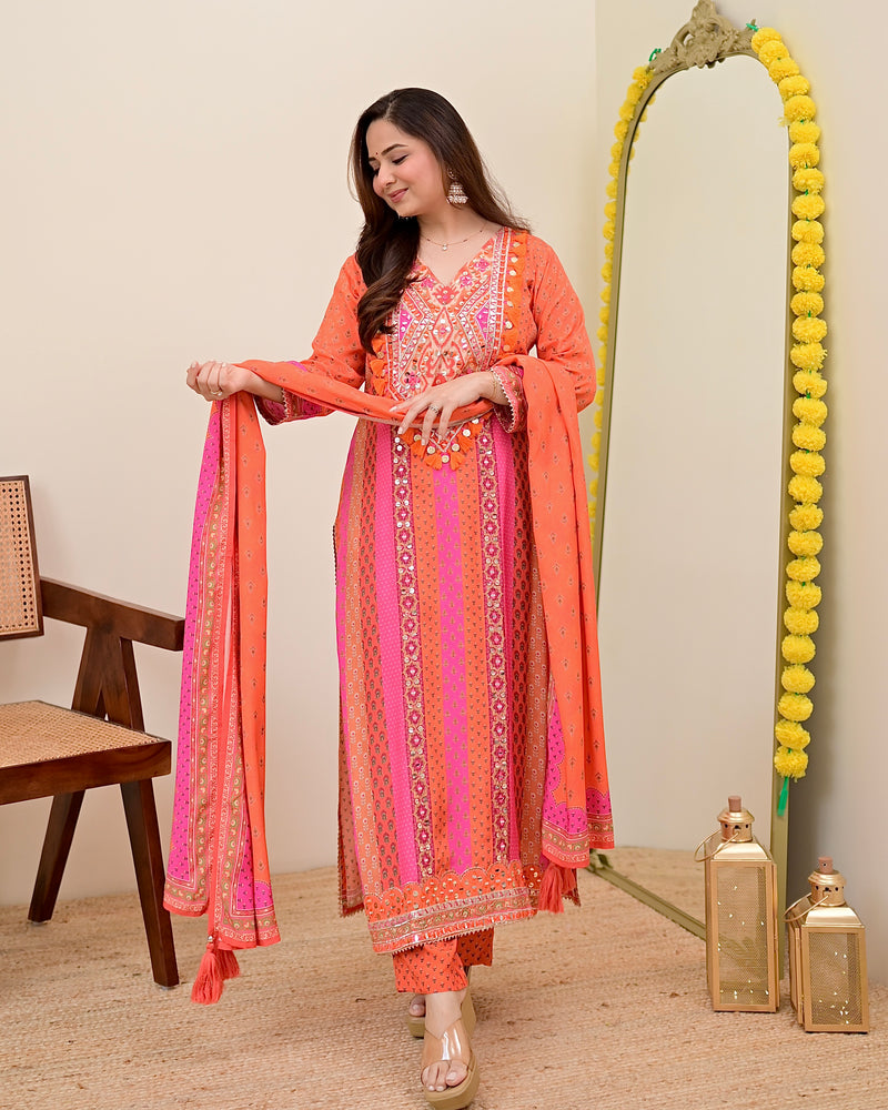 Orange Pink Handwork Muslin Festive Suit