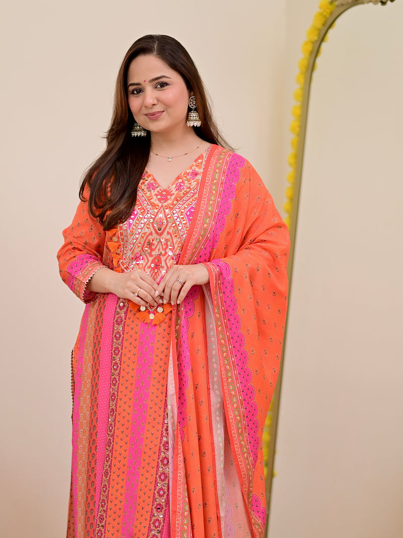 Orange Pink Handwork Muslin Festive Suit
