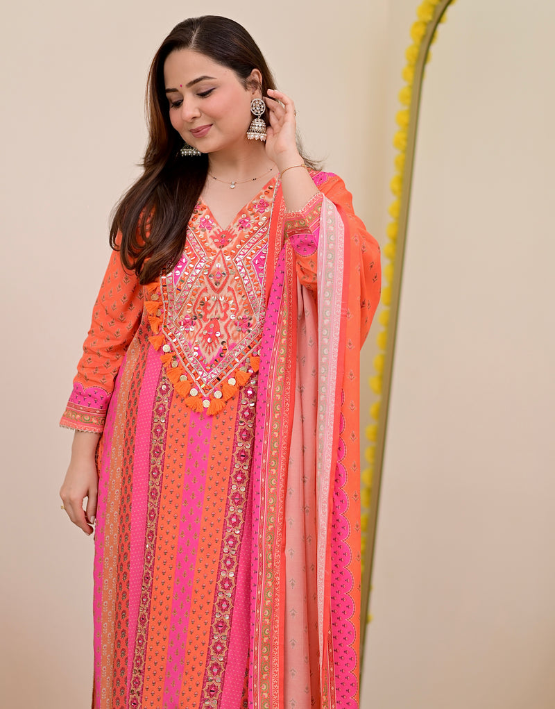 Orange Pink Handwork Muslin Festive Suit