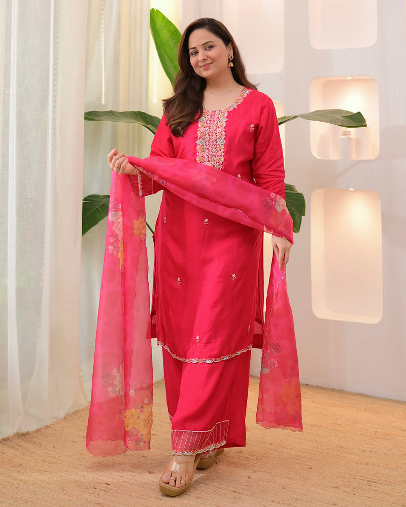 Fuchsia Fable Handwork Silk Palazzo Suit