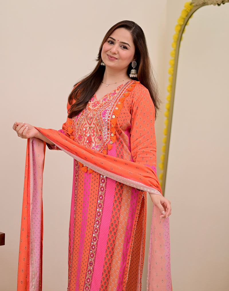 Orange Pink Handwork Muslin Festive Suit