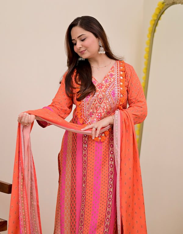 Orange Pink Handwork Muslin Festive Suit