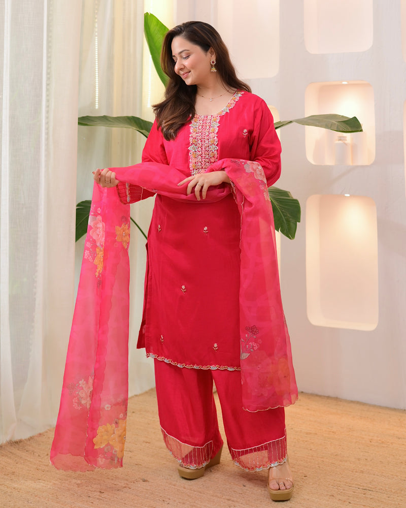 Fuchsia Fable Handwork Silk Palazzo Suit
