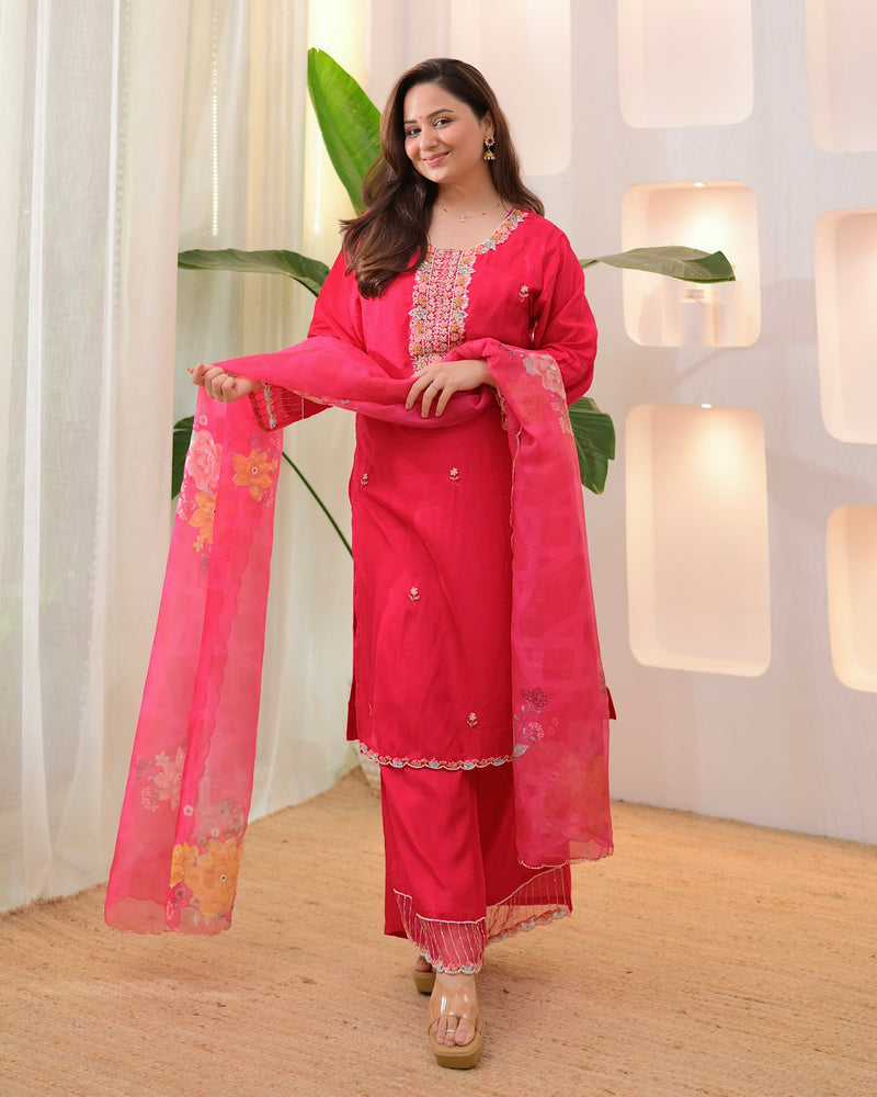 Fuchsia Fable Handwork Silk Palazzo Suit