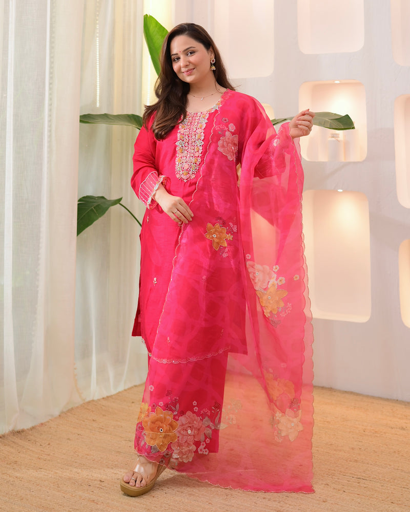 Fuchsia Fable Handwork Silk Palazzo Suit