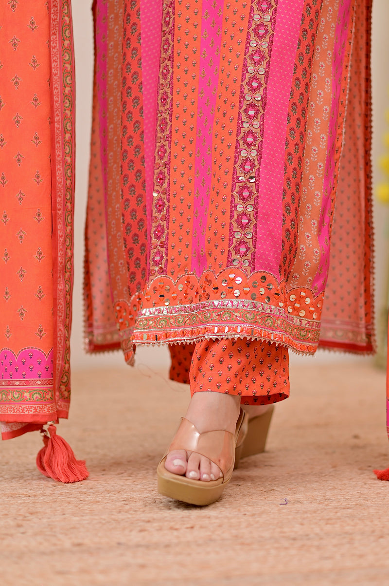 Orange Pink Handwork Muslin Festive Suit