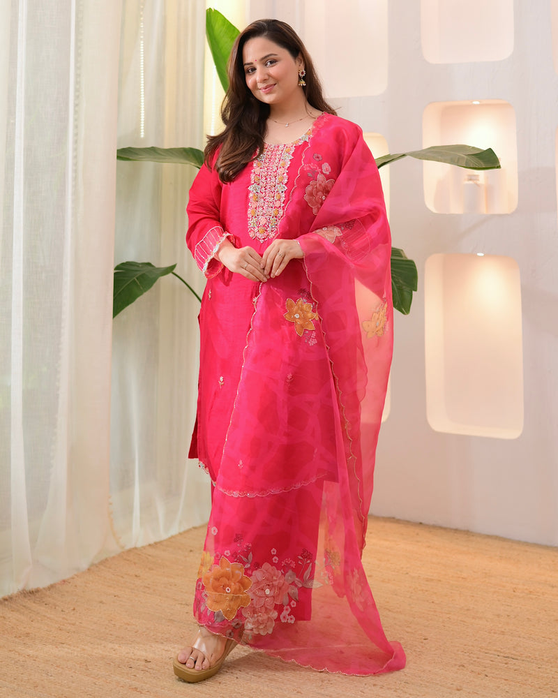 Fuchsia Fable Handwork Silk Palazzo Suit