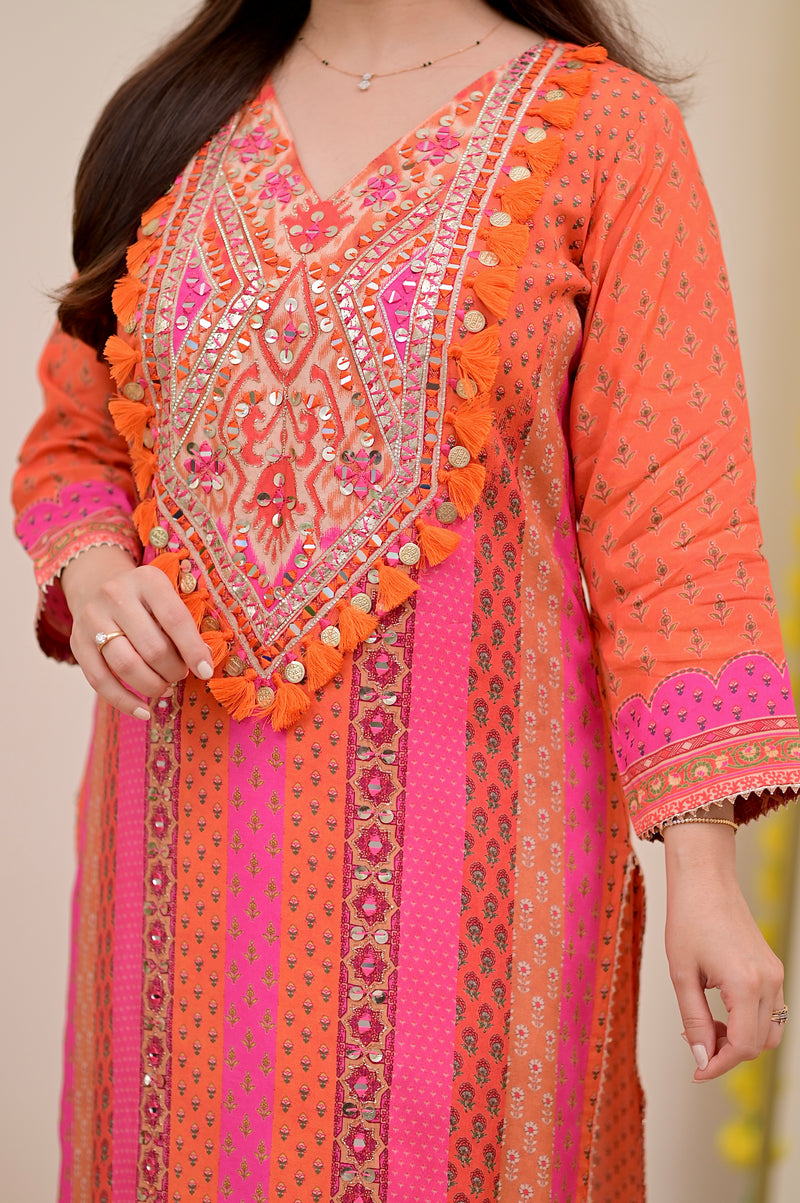 Orange Pink Handwork Muslin Festive Suit