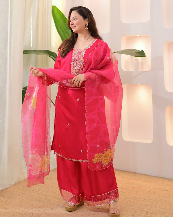 Fuchsia Fable Handwork Silk Palazzo Suit