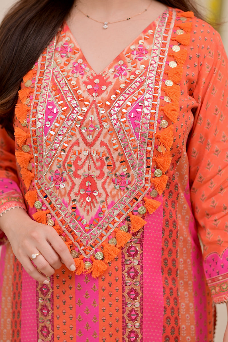 Orange Pink Handwork Muslin Festive Suit