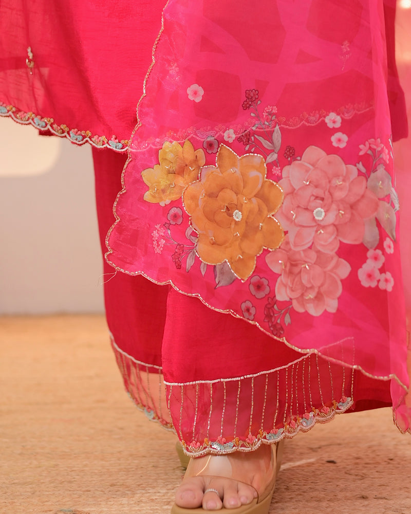 Fuchsia Fable Handwork Silk Palazzo Suit