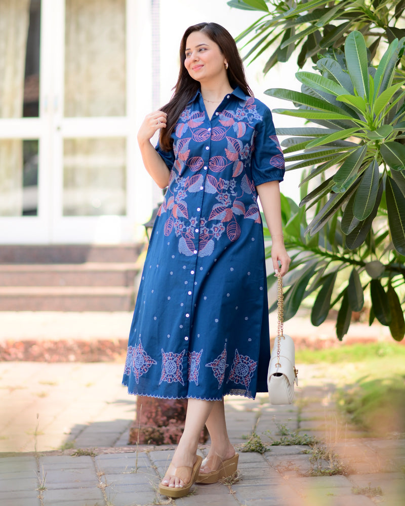 Navy Blue Threadwork Premium Cotton Dress