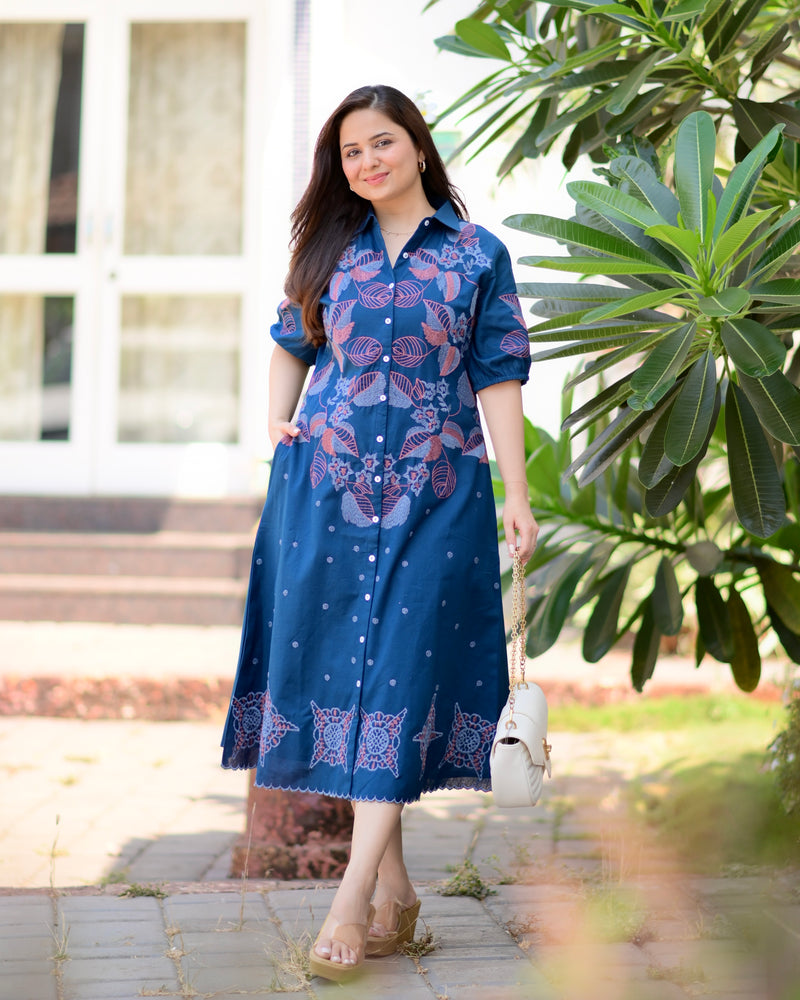 Navy Blue Threadwork Premium Cotton Dress