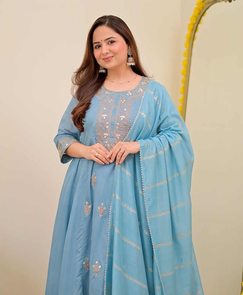 Sky Blue Mul Chanderi Handwork A Line Festive Suit