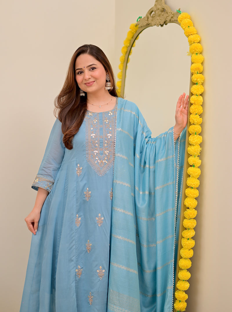 Sky Blue Mul Chanderi Handwork A Line Festive Suit