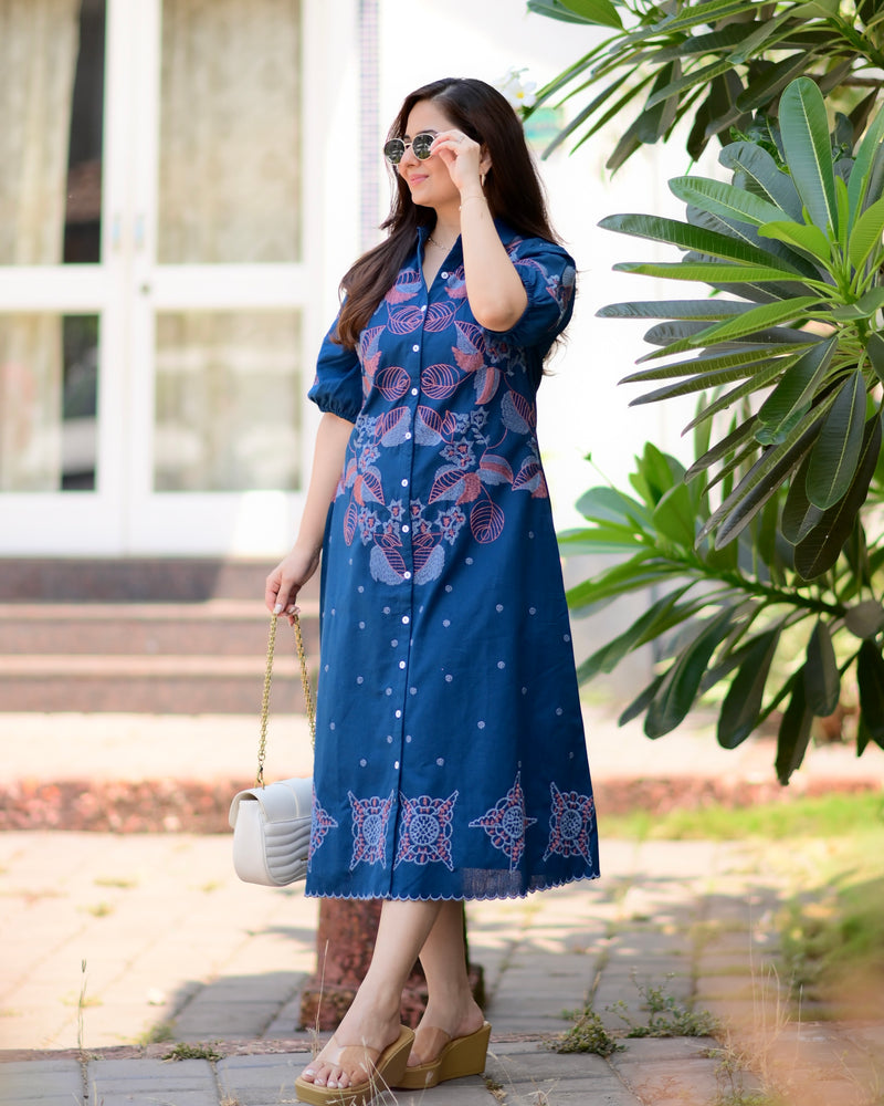 Navy Blue Threadwork Premium Cotton Dress