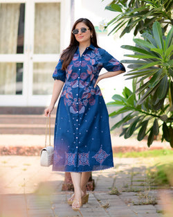 Navy Blue Threadwork Premium Cotton Dress