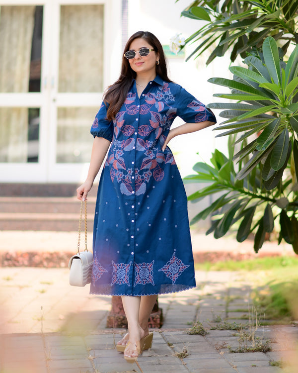 Navy Blue Threadwork Premium Cotton Dress