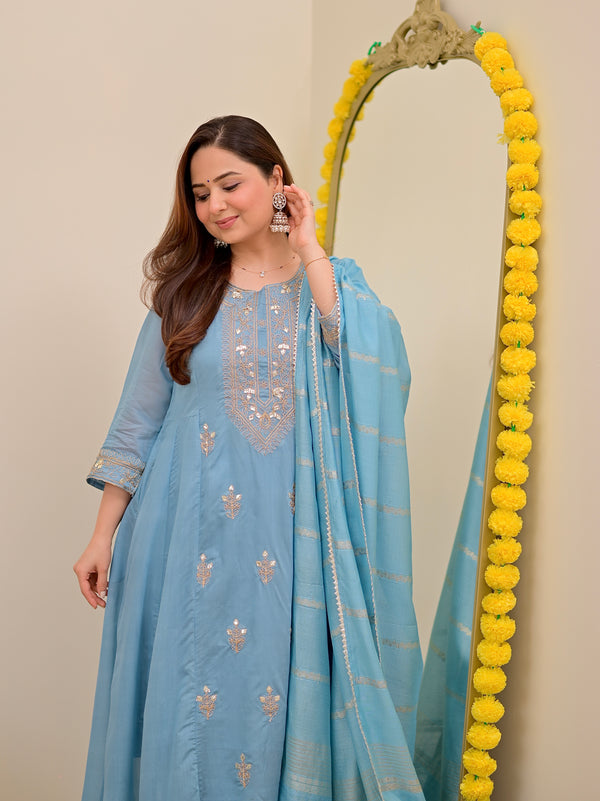 Sky Blue Mul Chanderi Handwork A Line Festive Suit