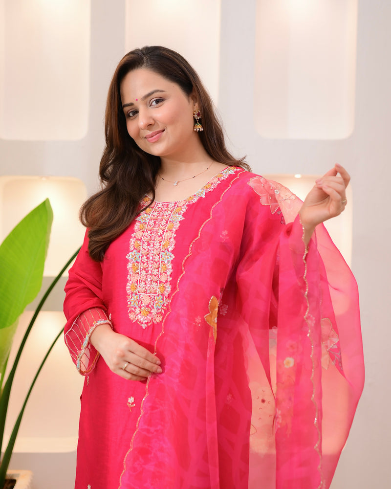 Fuchsia Fable Handwork Silk Palazzo Suit
