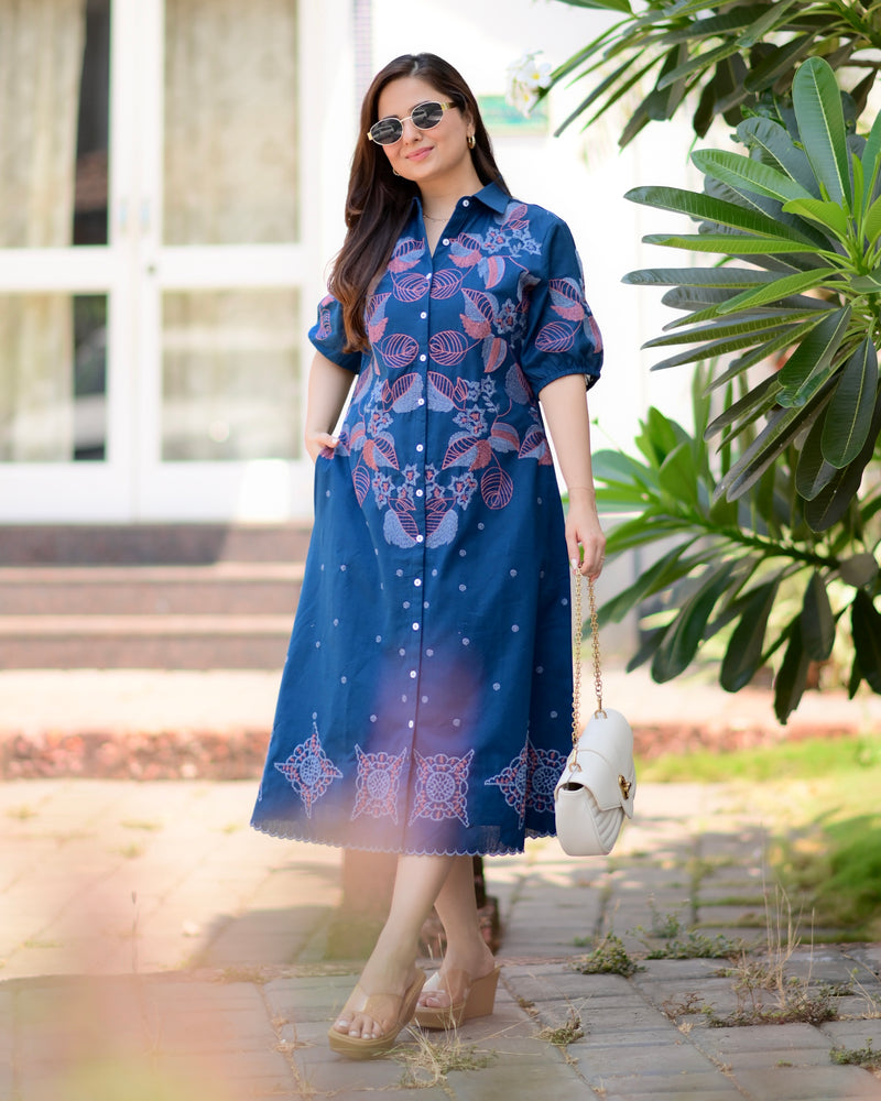 Navy Blue Threadwork Premium Cotton Dress