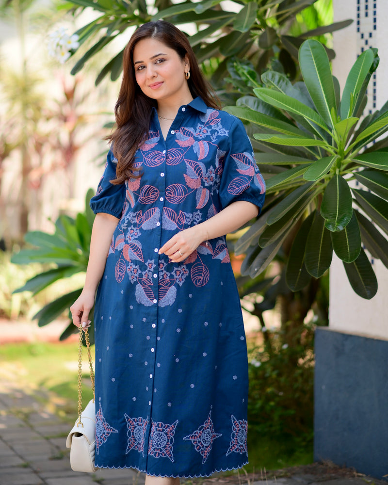 Navy Blue Threadwork Premium Cotton Dress