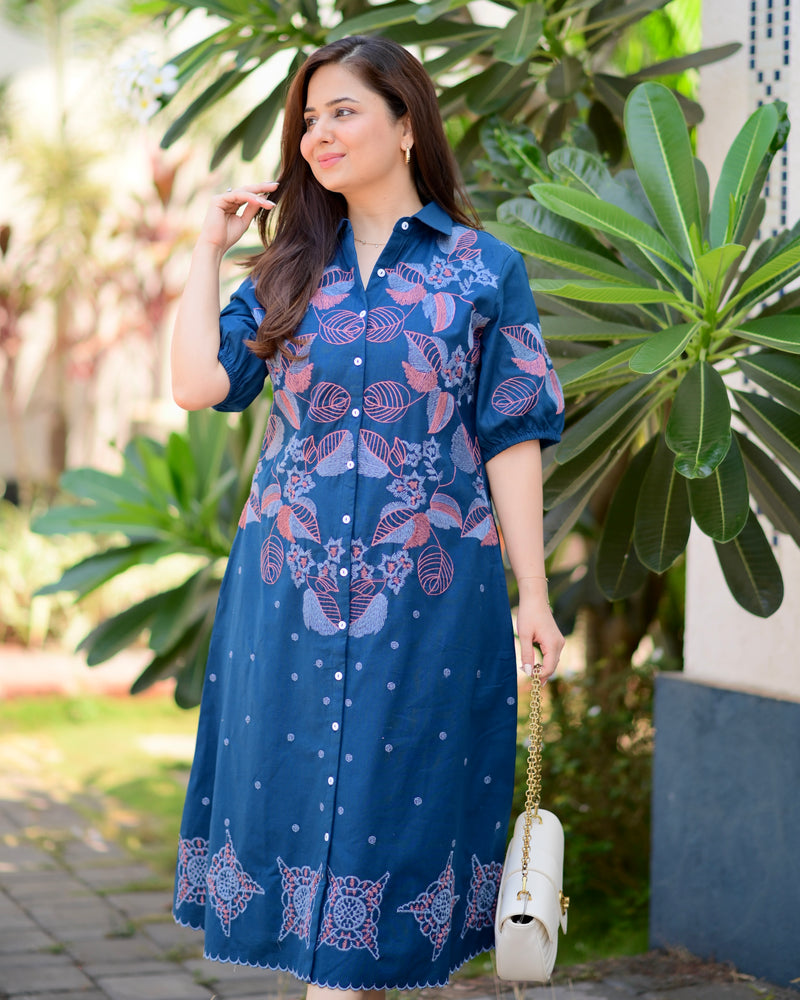 Navy Blue Threadwork Premium Cotton Dress
