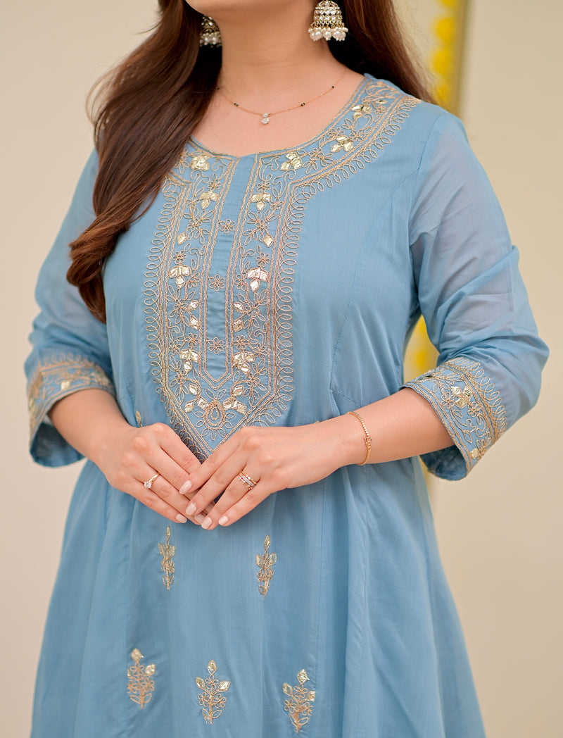 Sky Blue Mul Chanderi Handwork A Line Festive Suit