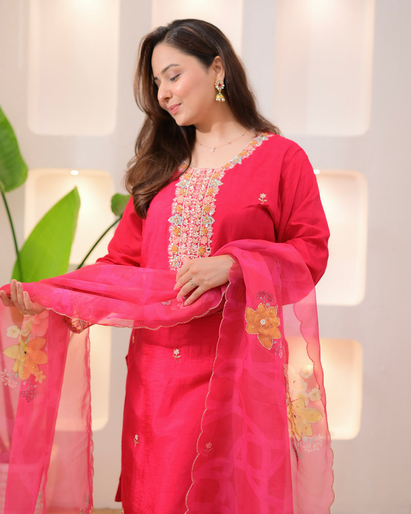 Fuchsia Fable Handwork Silk Palazzo Suit