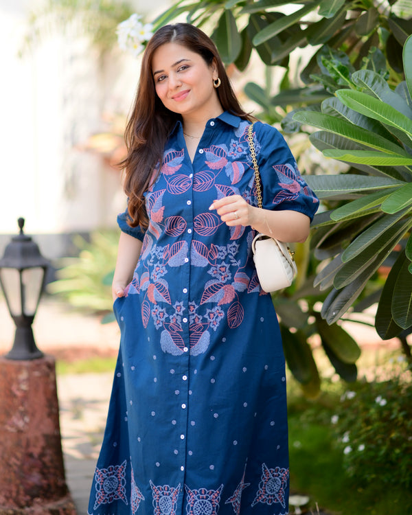 Navy Blue Threadwork Premium Cotton Dress