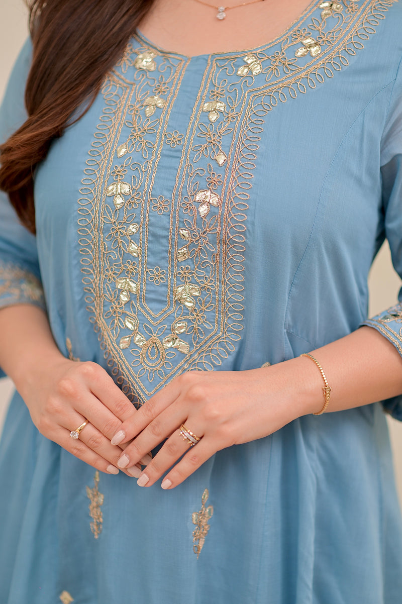 Sky Blue Mul Chanderi Handwork A Line Festive Suit