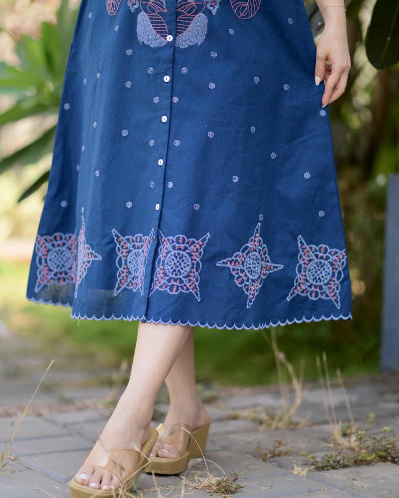 Navy Blue Threadwork Premium Cotton Dress