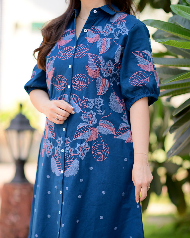 Navy Blue Threadwork Premium Cotton Dress