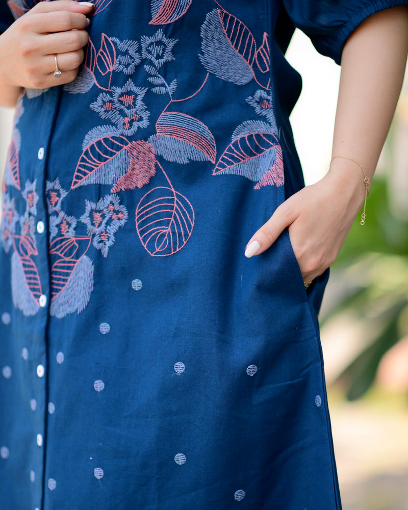 Navy Blue Threadwork Premium Cotton Dress