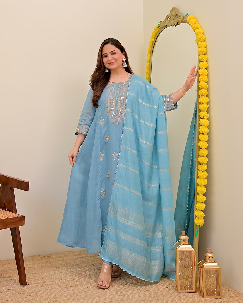 Sky Blue Mul Chanderi Handwork A Line Festive Suit