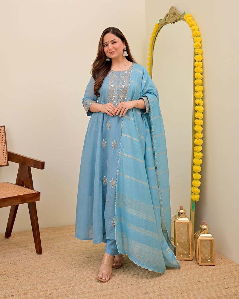 Sky Blue Mul Chanderi Handwork A Line Festive Suit