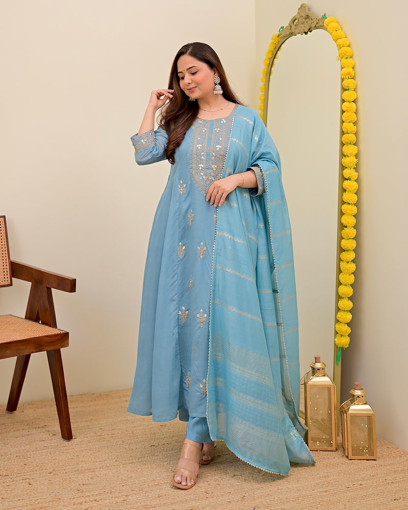 Sky Blue Mul Chanderi Handwork A Line Festive Suit