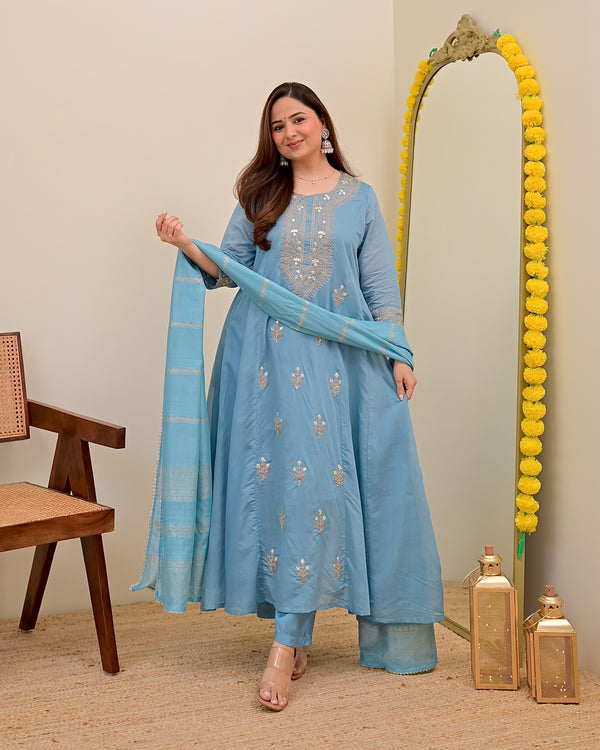 Sky Blue Mul Chanderi Handwork A Line Festive Suit