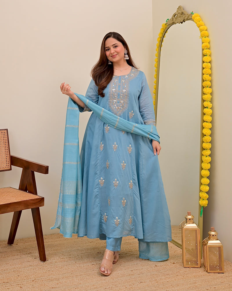 Sky Blue Mul Chanderi Handwork A Line Festive Suit