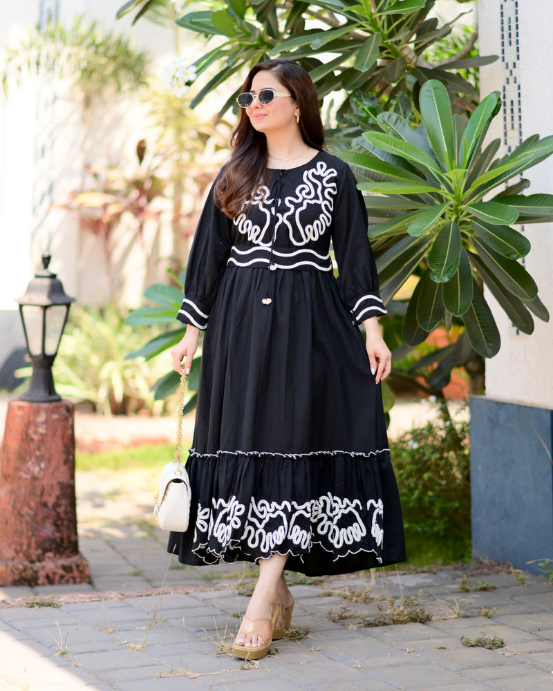 Black A Line Threadwork Cotton Belt Dress