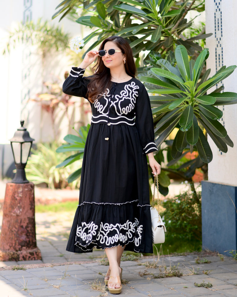 Black A Line Threadwork Cotton Belt Dress